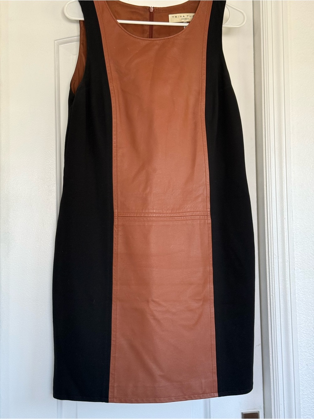 Trina Turk Black and Brown Leather-Panel Midi Sheath Dress
